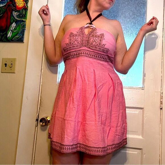 Sisi Women’s Light Pink andBrown Embroidered Sleeveless Halter Dress Size L - Picture 1 of 8